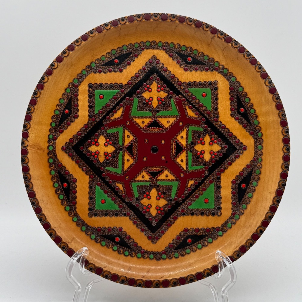 Vintage Romanian Folk Art Large Wood Charger Plate Hand Painted Agrocoop Arad 9"